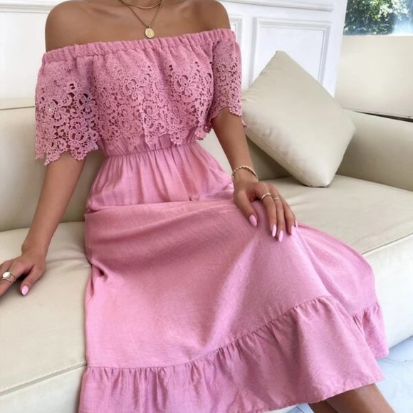 PINK Lace Overplayed ruffled Off shoulder Midi Dress - Picture 3 of 6